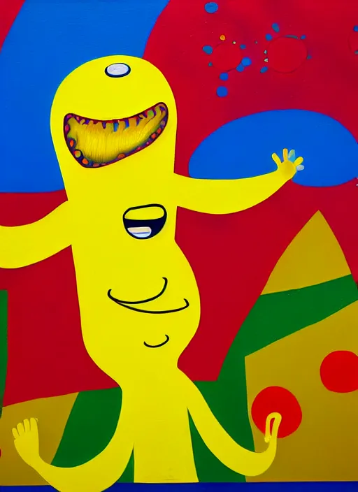 Image similar to splash painting, happy guy, by os gemeos