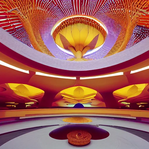 Image similar to futuristic lotus fractal temple with gold, red and white marble panels, in the desert, by buckminster fuller and syd mead, intricate contemporary architecture, photo journalism, photography, cinematic, national geographic photoshoot