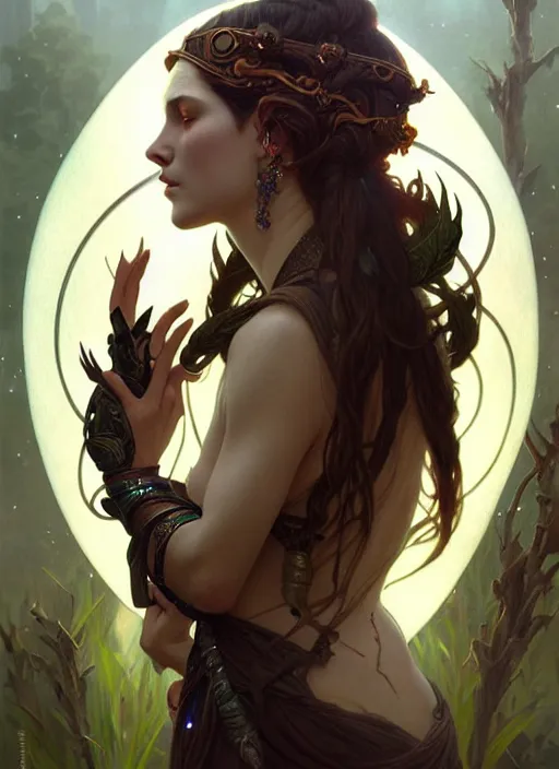 Image similar to a beautiful cinematic female druid goddess, galatic shamen with Quantum energy fantasy, fantasy magic, undercut hairstyle, dark light night, intricate, elegant, sharp focus, illustration, highly detailed, digital painting, concept art, matte, art by WLOP and Artgerm and Greg Rutkowski and Alphonse Mucha, masterpiece