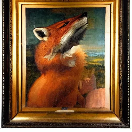 Image similar to the renaissance painting framed on a wall, except it is of an anthropomorphic male fox in a Victorian suit