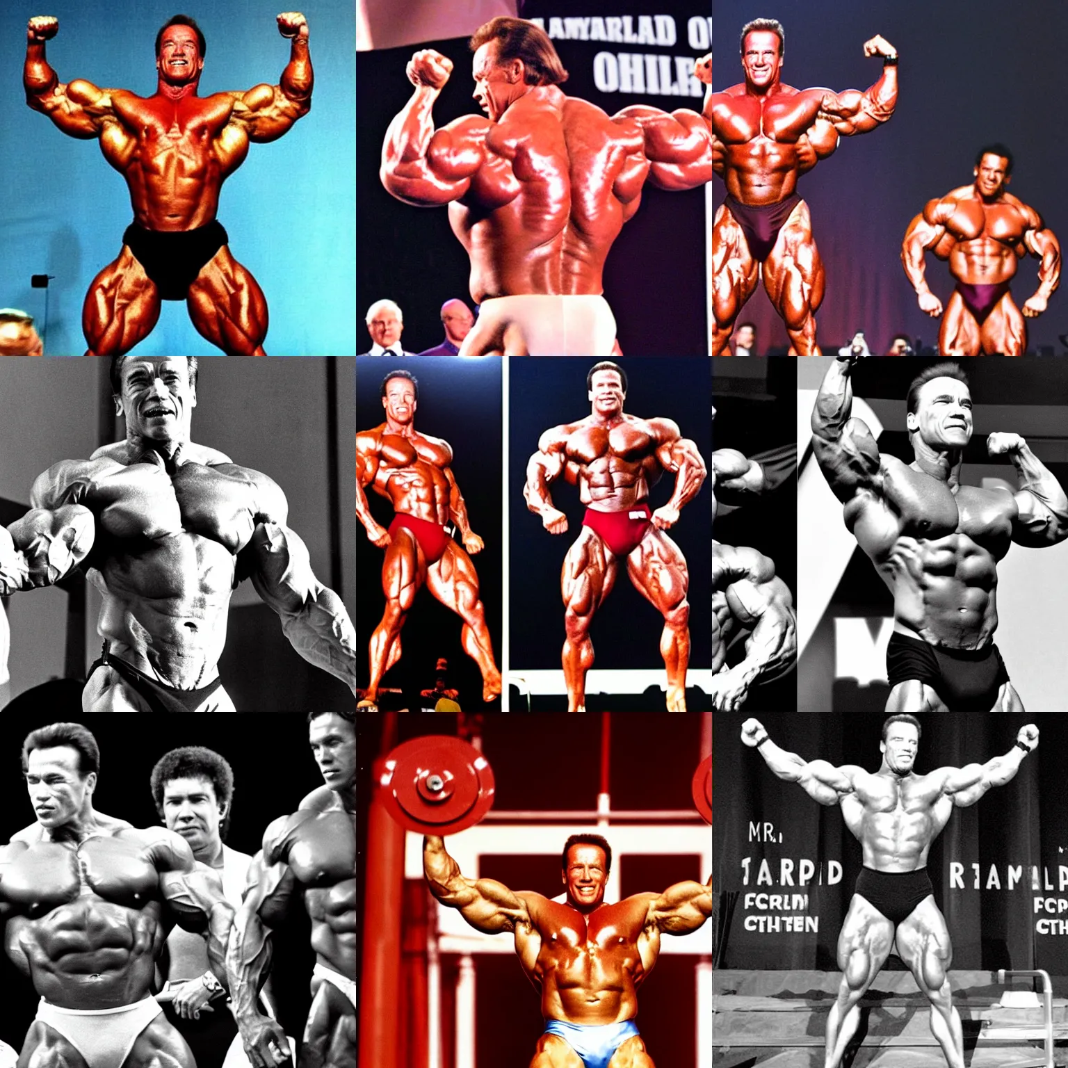 Prompt: arnold schwarzenegger 50kg at mr olympia tournament flexing on stage, from the movie photograph