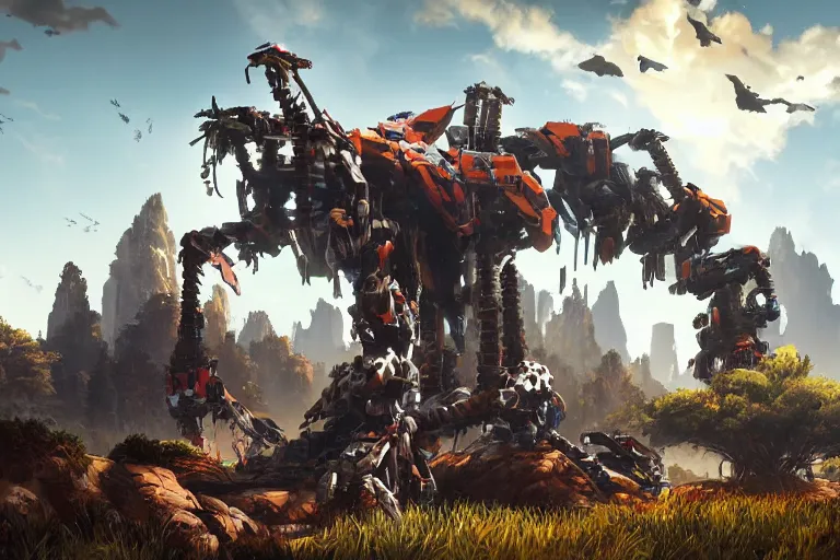 Image similar to sawtooth machine mecha animal beast robot of horizon forbidden west horizon zero dawn bioluminiscence global illumination ray tracing hdr fanart arstation by sung choi and eric pfeiffer and gabriel garza and casper konefal