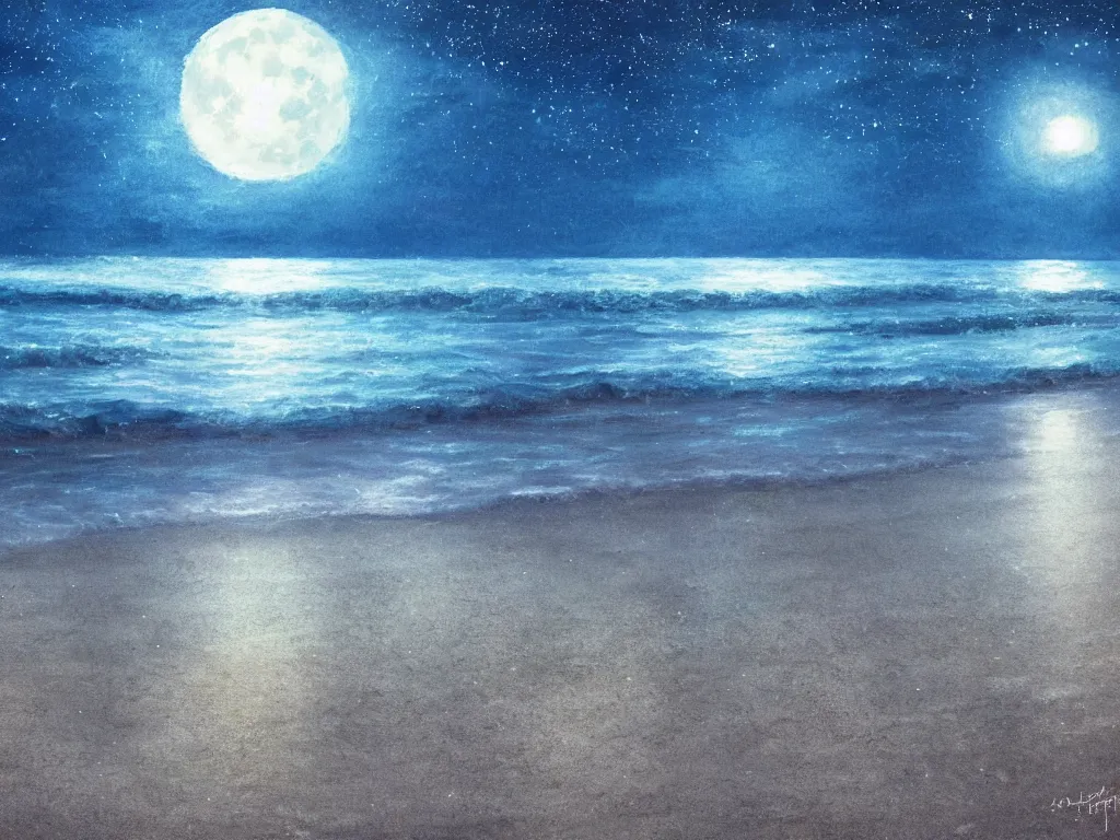 Image similar to night on a summer miami city beach, you can see part of the city, palm trees, footprints in the sand, full moon reflected in the calm ocean, starry sky 8 k, ultra detailed, trending on artstation, digital painting