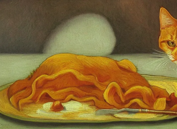 Image similar to detailed realistic realism painting of orange tabby cat eating lasagna at dusk, in the style of vincent van gogh and salvador dali and leonardo da vinci