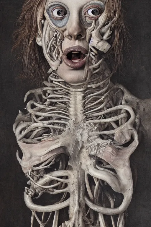 Image similar to Detailed maximalist portrait of a greek god with large lips and eyes, scared expression, botanical anatomy, skeletal with extra flesh, HD mixed media, 3D collage, highly detailed and intricate, surreal illustration in the style of Jenny Saville, dark art, baroque, centred in image