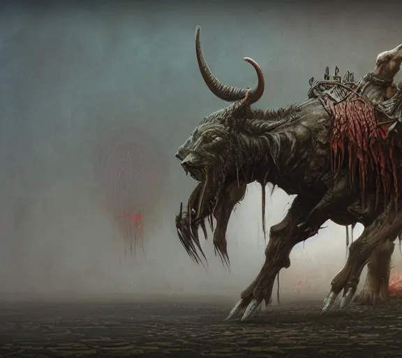 Prompt: minotaur concept, beksinski, wayne barlowe, adrian smith fantasy art, the hobbit art, lord of the ring art, the witcher concept art, trending on artstation, game of throne art