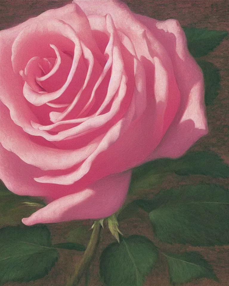 Prompt: achingly beautiful extreme close up painting of one blooming pink rose by rene magritte, monet, and turner. piranesi. macro lens, symmetry, circular.