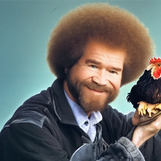 Image similar to bob ross holding a chicken, portrait,