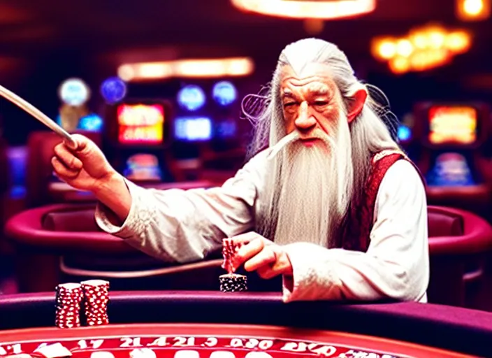 Image similar to film still of gandalf gambling in a casino in new lord of the rings movie, 8 k