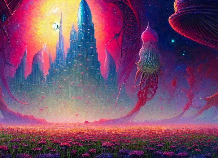 Prompt: a beautiful painting of a large alien city shrouded by mystic nebula magic in a field of flowers by moebius and android jones, oil on canvas sharp, details, hyper - detailed, hd, hdr, 4 k, 8 k