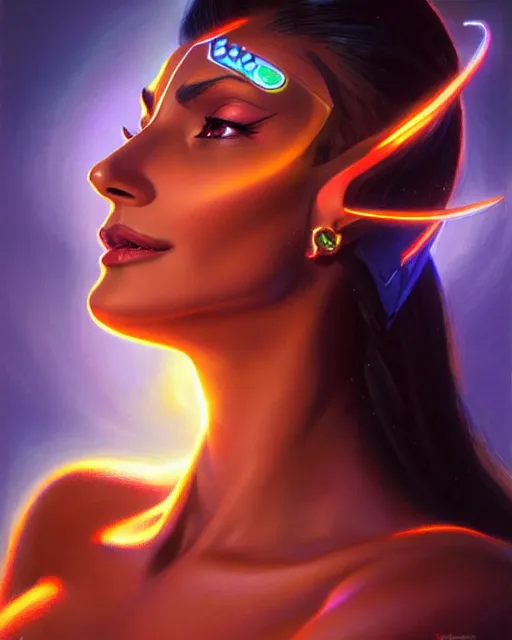 Image similar to symmetra from overwatch, fantasy, fantasy art, fantasy, colorful, elegant, character portrait, portrait, close up, highly detailed, intricate detail, amazing detail, sharp focus, vintage fantasy art, vintage sci - fi art, radiant light, caustics, by boris vallejo