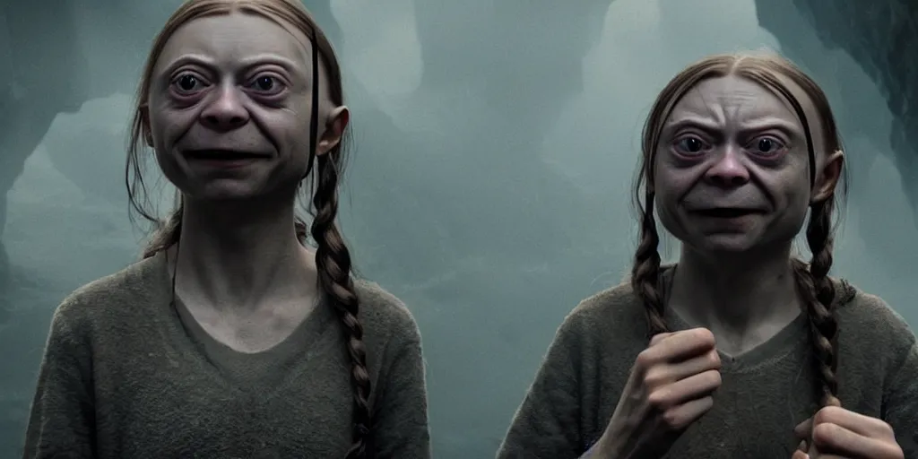 Image similar to greta thunberg as gollum, holding the ring up,!!! my precious!!!, big wide open eyes, creepy smile, inside a cave, fog, dark cinematic, moonlight, still shot from the new lord of the rings movie