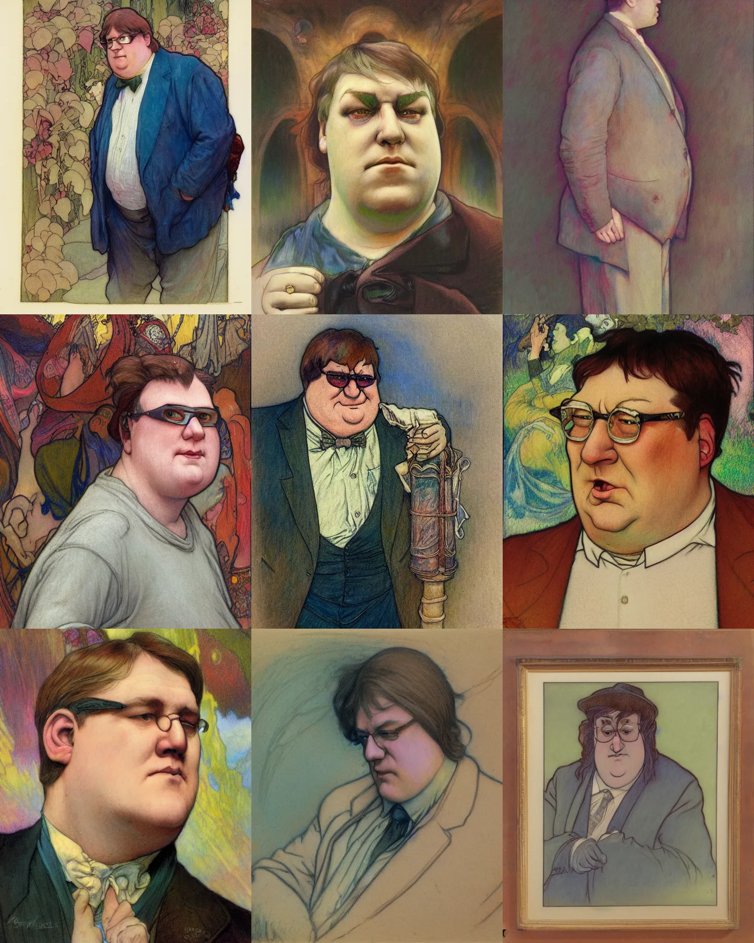 Prompt: colored chalk underdrawing linework portrait of peter griffin raised by donato giancola, thomas moran, edmund dulac, fans hals, alphonse mucha, fashion photography, fully clothed