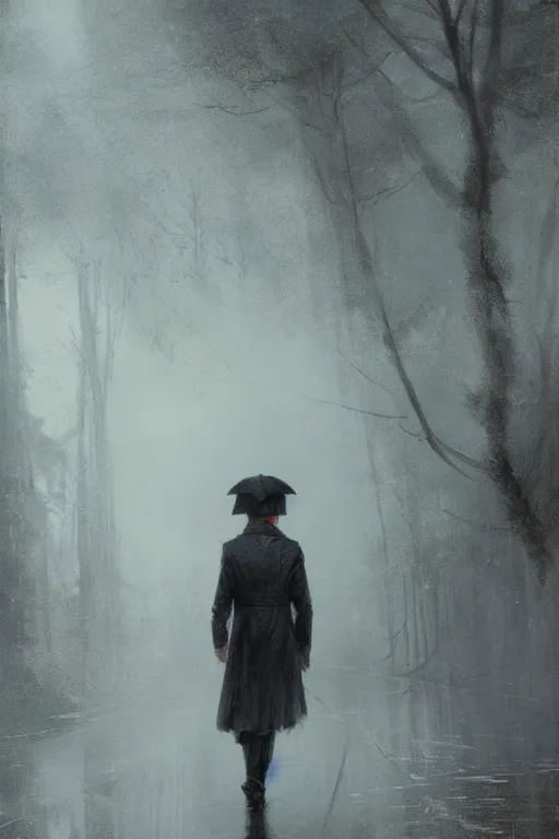 Prompt: Walking in the rain alone, illustrated by Greg Rutkowski and Caspar David Friedrich., Trending on artstation, artstationHD, artstationHQ, 4k, 8k