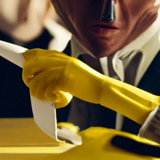 Image similar to yellow minion as the american psycho, sweating intensely, cinematic still