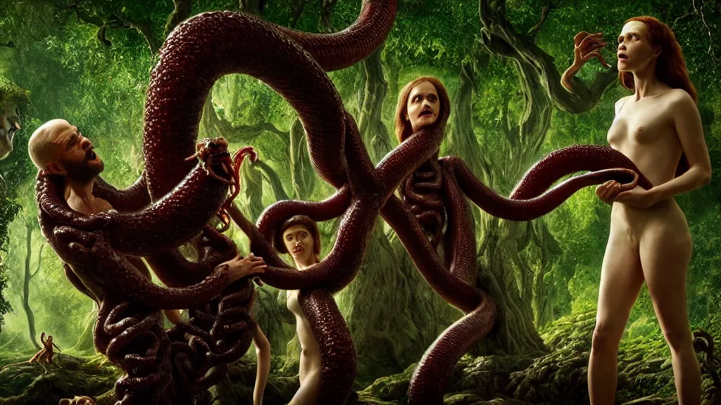 Image similar to Adam and eve with a screaming worm monster, the tree of life, maximalist, high detail, 8k, ornate, dark fantasy, realistic, masterpiece, complex, WLOP, film still from the movie directed by Denis Villeneuve, wide angle