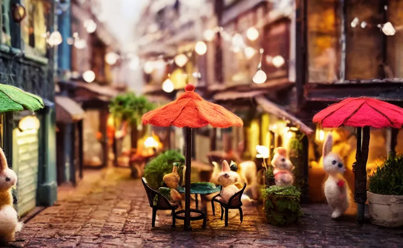 Image similar to miniature cafe diorama macro photography, cafe with felted bunnies, alleyway, ambient, atmospheric, british, cozy, bokeh, romantic, colorful lanterns