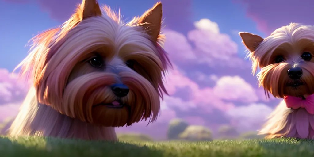 Prompt: a wholesome animation key shot of a brown and ashy 1 3 - year - old yorkshire terrier with a pink faded collar with five glass stars, studio ghibli, pixar and disney animation, sharp, rendered in unreal engine 5, anime key art by greg rutkowski, bloom, dramatic lighting