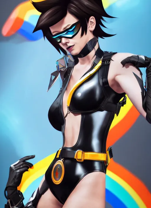 Image similar to full body digital artwork of tracer overwatch, wearing black iridescent rainbow latex bikini, 4 k, expressive happy smug expression, makeup, in style of mark arian, wearing detailed black leather collar, wearing chains, black leather harness, leather cuffs around wrists, detailed face and eyes,