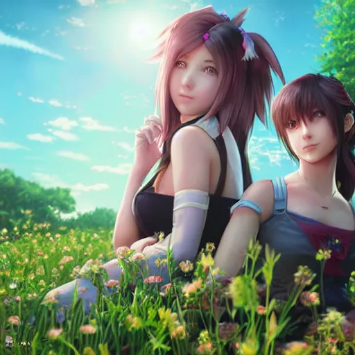 Image similar to aerith and yuffie from final fantasy 7 remake by ross tran, sitting in a flower field by ilya kuvshinov, rtx reflections, maya, extreme high intricate hyperrealistic details by wlop, medium shot, composition by sana takeda, dramatic lighting by greg rutkowski