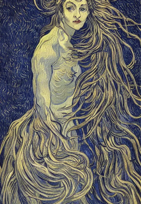 Image similar to perfectly centered portrait front view of a beautiful biomechanical moon goddess, flowing hair, intense stare, sweet sarcastic smile, symmetrical, concept art, intricate detail, volumetric shadows and lighting, realistic oil painting by van gogh, gustave dore,