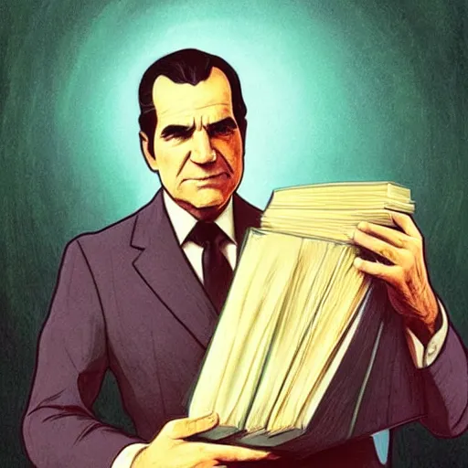 Image similar to beautiful Richard Nixon holding a stack of books, art by artgerm and greg rutkowski and alphonse mucha