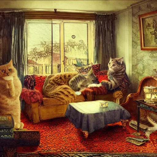 Image similar to a beautiful intricate watercolor illustration of a living room with playing cats, 4 k, ultra - wide angle, by william turner, by victo ngai, by moebius, by gustave dore, hd, trending on artstation, hyper detailed, muted intense colors