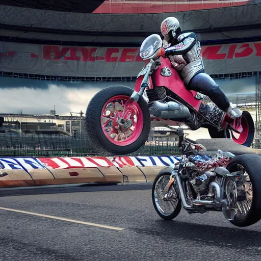 Prompt: evel knievel jumping over busses on harley davison at wembly stadium 3 d studiomax, maya 3 d, unrealengine, 4 k, 8 k, hdr, extreme render, mind - bending reality, hyper detailed, wide angle ultra - vivid, photo - realistic nikon 3 5 mm, photograph