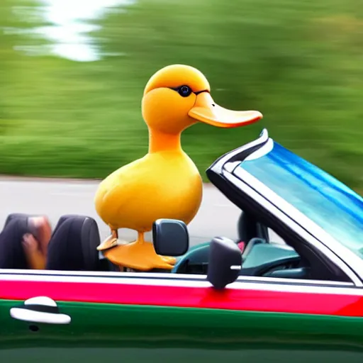 Prompt: a duck driving a convertible