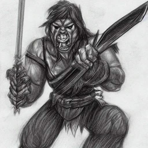 Prompt: dnd, pathfinder, raging bugbear, brandishing chainsword, character concept art, pencil drawing, sketch, profile view, character design