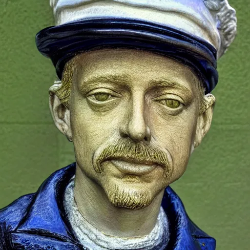 Image similar to hyper realistic closeup bust of a new england fisherman, wearing a yellow fisherman's hat, steve buscemi, painted, colorized, bossons vintage chalkware, by emile renouf