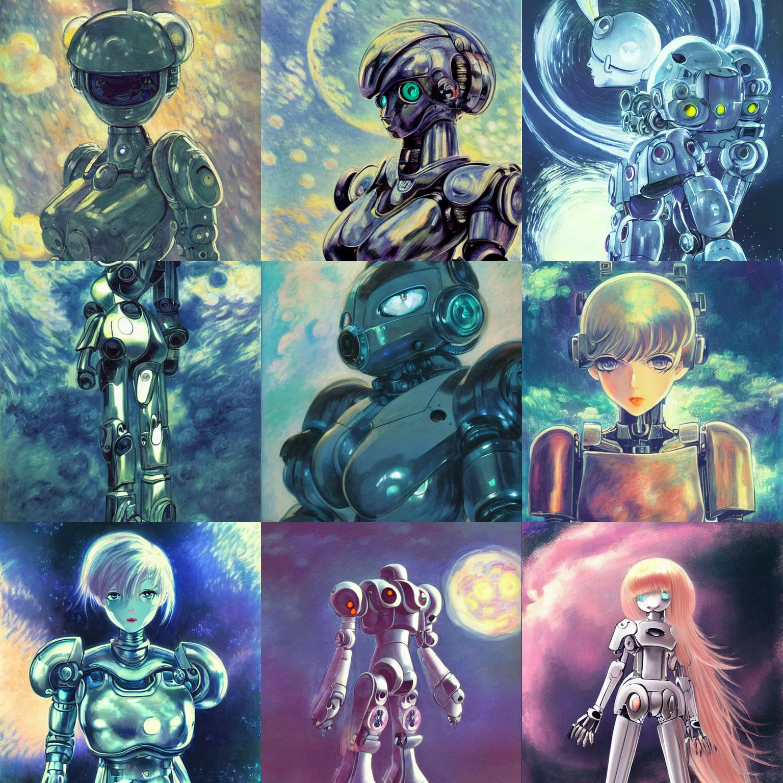 Prompt: masumune shirow shiny metallic smooth armoured fleshy mecha robot, cute eerie retro anime girl, gloomy face, crystalline translucent hair, sky with swirling clouds, shining crescent moon, pale pastel colours, beautiful painting by claude monet