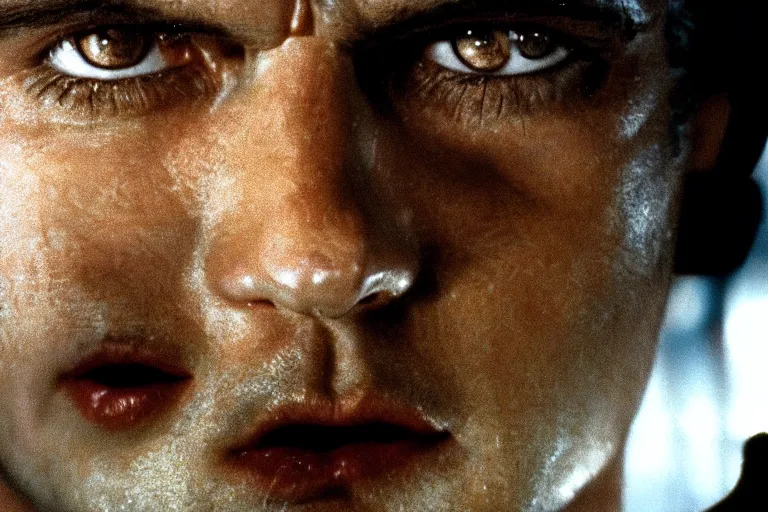 Prompt: A young Jack Nicholson on blade runner 1982, movie still, face close-up, in color, detailed face, 4k,