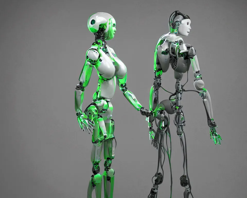 Image similar to posterior of a realistic humanoid female robot surrounded by green gas,