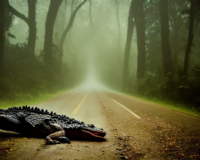 Image similar to a lomography photo of crocodile with fairy wings on foggy forest road this morning, bokeh,