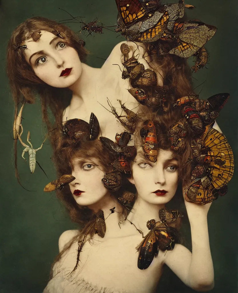 Prompt: autochrome, vintage glass plate photograph, head and shoulders portrait of a beautiful female mannequin with a large moth sitting on her face, large caterpillars and big beetles crawl over her body, long flowing hair, beautifully disturbing, gothic, by Nina Masic by Flora Borsi, jointed wooden doll