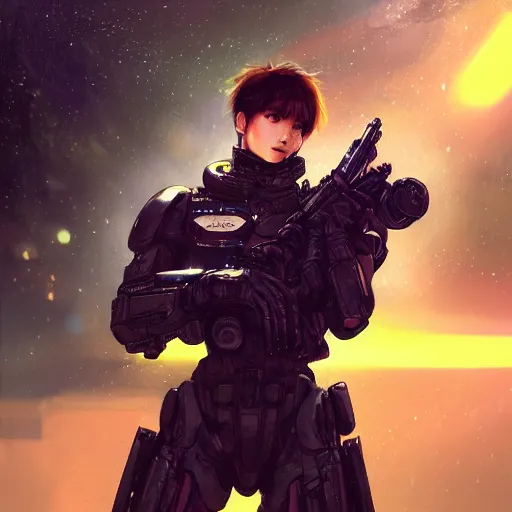 Prompt: photorealistic, bokeh, beautiful detail, stars in the sky, cybernetic, sci-fi space game art, jeon Jungkook holding a gun. alien planet art by Akihito Yoshitomi AND Yoji Shinkawa AND Greg Rutkowski, Mark Arian trending on artstation