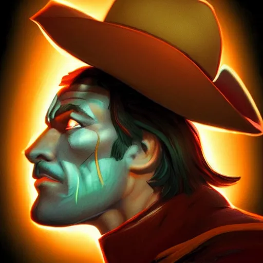 Prompt: Bright, colorful, realistic cowboy rpg single individual headshot dramatic backlighting, kodachrome, high contrast, highly detailed, sharp focus, digital painting, concept art, illustration, trending on artstation, comic book by Alex Ross cover art