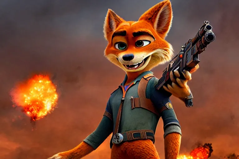 Image similar to nick wilde ( from zootopia ), heavily armed and armored facing down armageddon in a dark and gritty reboot from the makers of mad max : fury road