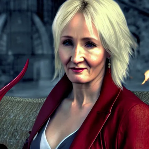 Prompt: JK Rowling as a character in Devil May Cry, film still, photorealistic, medium shot