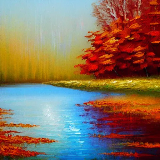 Image similar to a painting of lake in the rain, autumn, acrylic painting, very detailed, mellow, 4 k, impressionism, trending on artstation