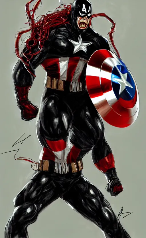 Prompt: full body portrait of venom as captain america, dynamic lighting, cinematic, ultra detailed, trending on art station, stunning visuals, creative, fantasy concept art