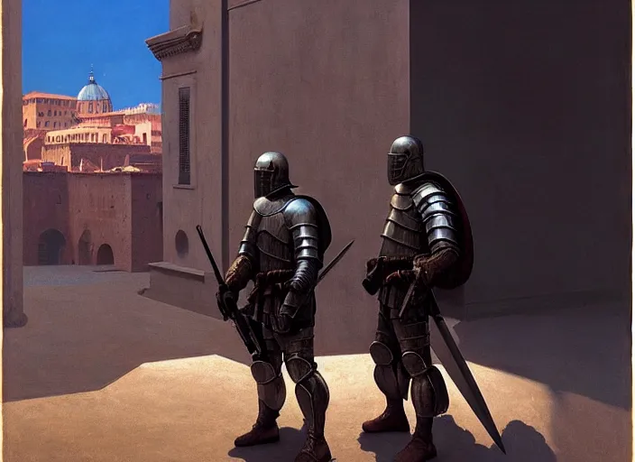 Image similar to special forces man vs the knight in armor, rome, highly detailed, soft lighting, elegant, works by edward hopper and james gillard, zdislaw beksinski, stephen outram, andreas m wiese, highly detailed