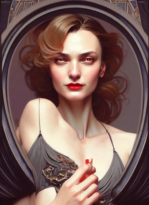 Prompt: “ daria strokous as femme fatale smiling and winking, intricate, elegant, highly detailed, digital painting, artstation, concept art, smooth, sharp focus uhd 8 k, art by artgerm and greg rutkowski and alphonse mucha ”