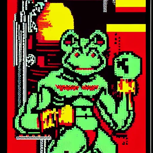 Image similar to extreme long shot, 8 bit nes graphics. antropomorphic muscular masculine pepe the frog. kickboxer fighter, in shorts. wolf head. art from nes game cartridge