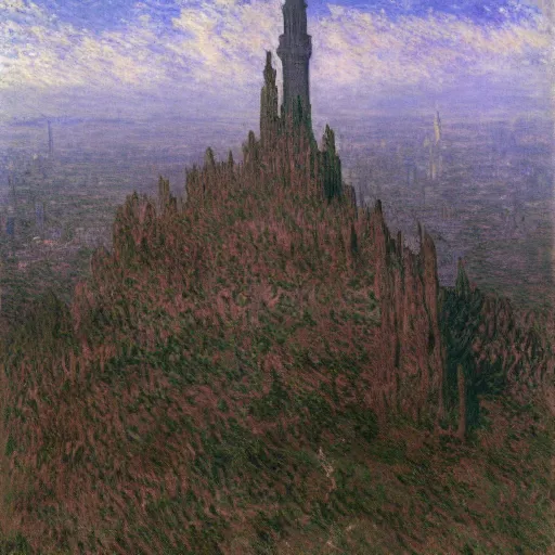 Prompt: an ultra detailed matte painting of a lonely and impossibly tall ominous dark tower elevated high above the city, on an isolated plateau island in a river elevated high above the city fortress tower, fantasy capital city, ultrawide lense, aerial photography, volumetric lighting, exquisite detail, 8 k, art by claude monet and van gogh and greg rutkowski and alphonse mucha