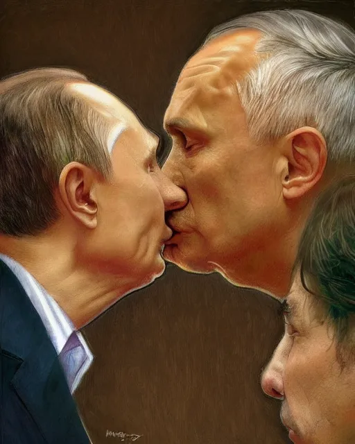 Image similar to photorealistic picture of Putin and Viktor orban kissing by Mandy Jurgens and Richard Schmid and chuck close and mucha