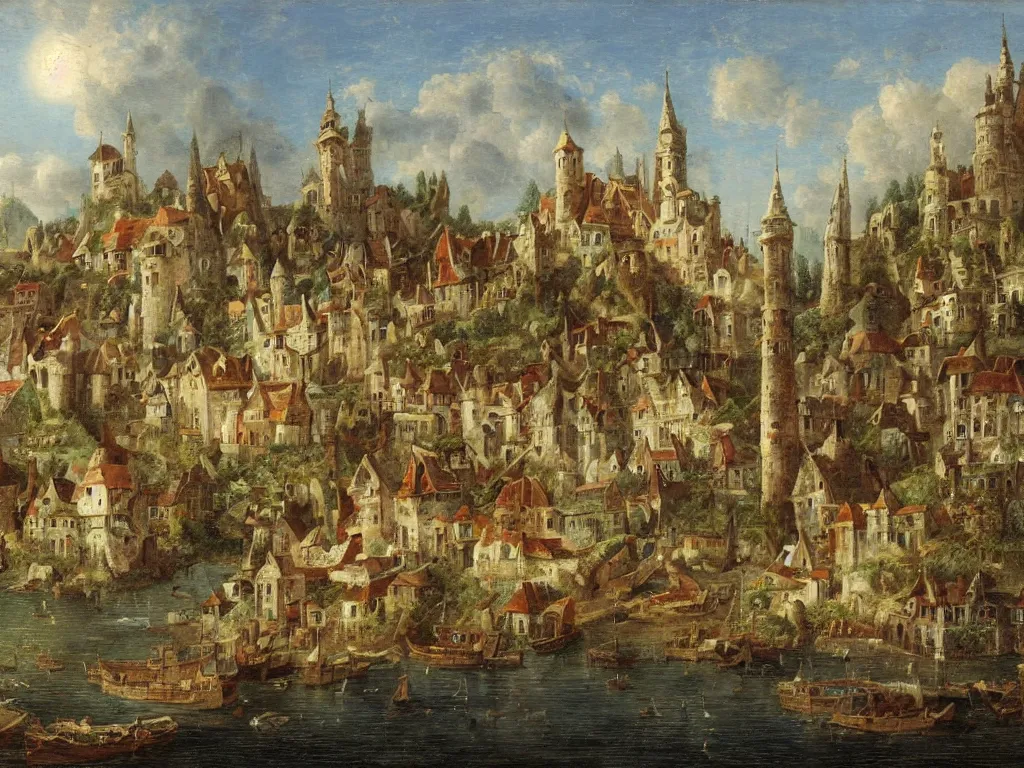 Prompt: a fantasy village, viewed from the harbor, by jean - baptist monge,