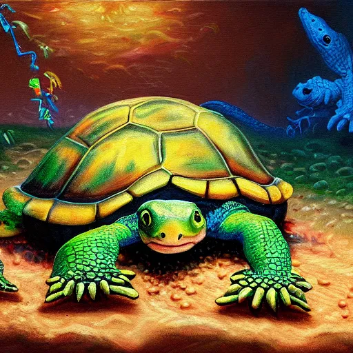Prompt: hybrid animal cross between cute turtle and alligator colorful luminescent detailed oil painting 4 k