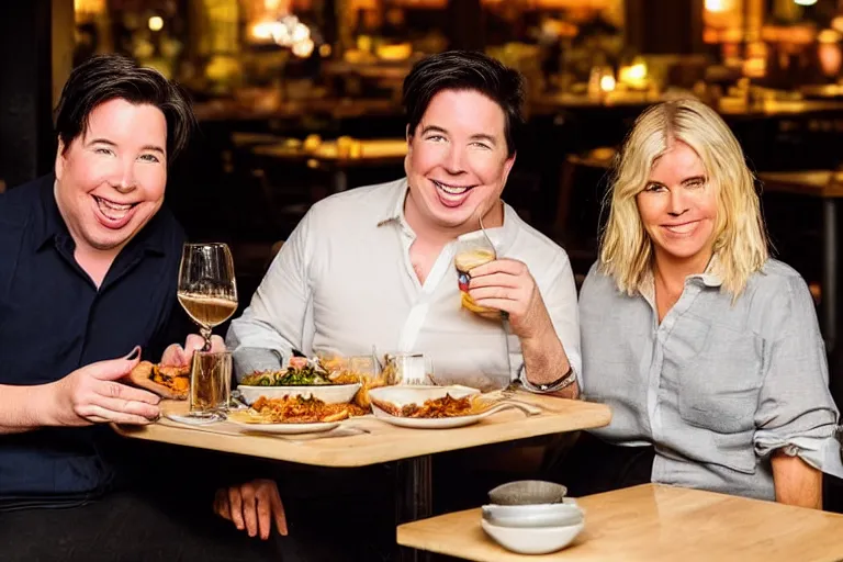 Image similar to portait of michael mcintyre and middle aged blonde woman with short hair and a blonde woman with long hair having dinner at sunday in brooklyn restaurant